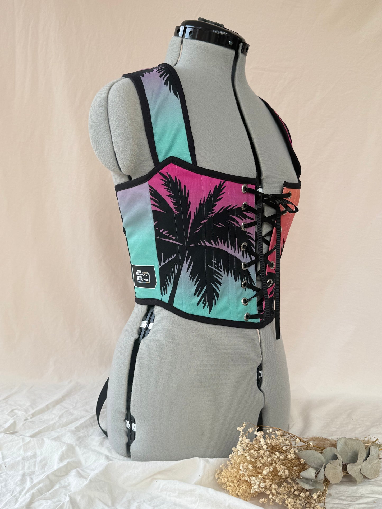 Reworked F1 Floral cropped back lacing corset - S