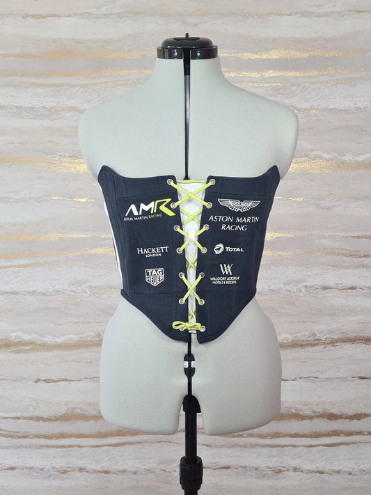 Reworked Aston Martin strapless cropped back lacing corset with insert panel - XS/S