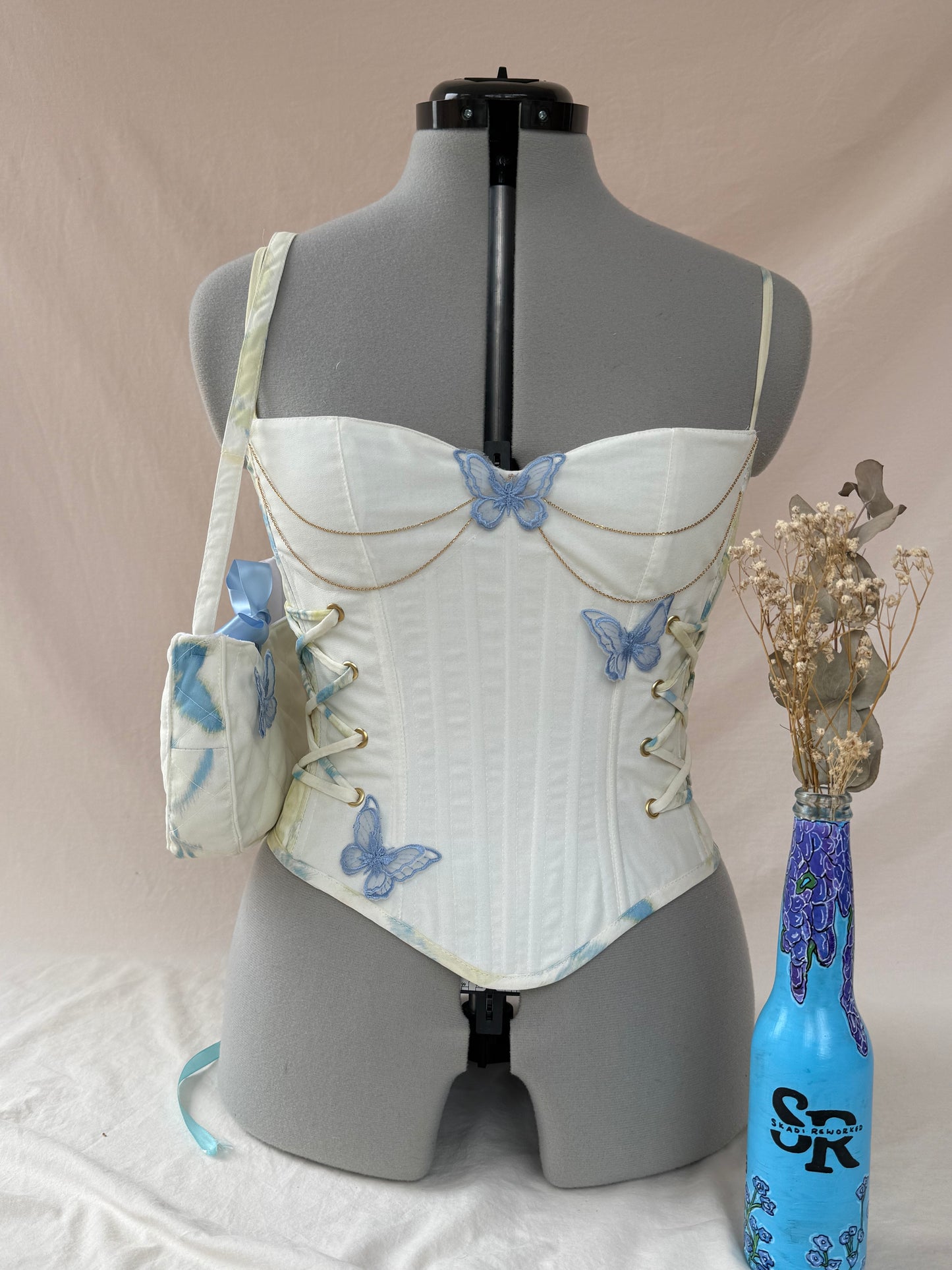 Reworked Yellow Butterfly back lacing corset with additional bag -S