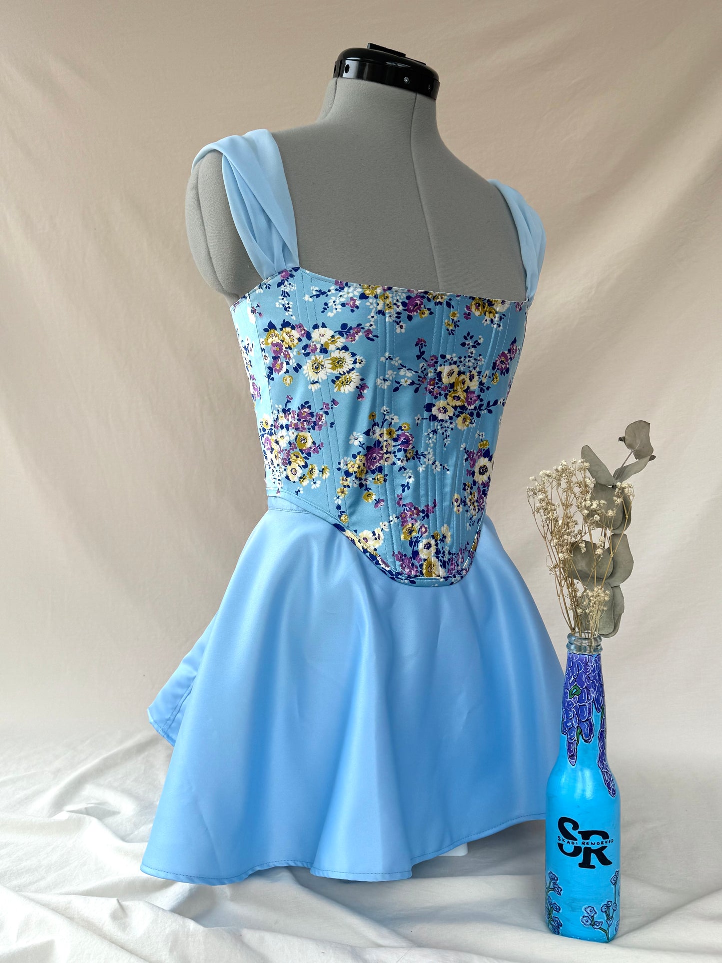 Reworked Blue satin Floral back lacing corset with Mini Ballerina wrap shirt - XS