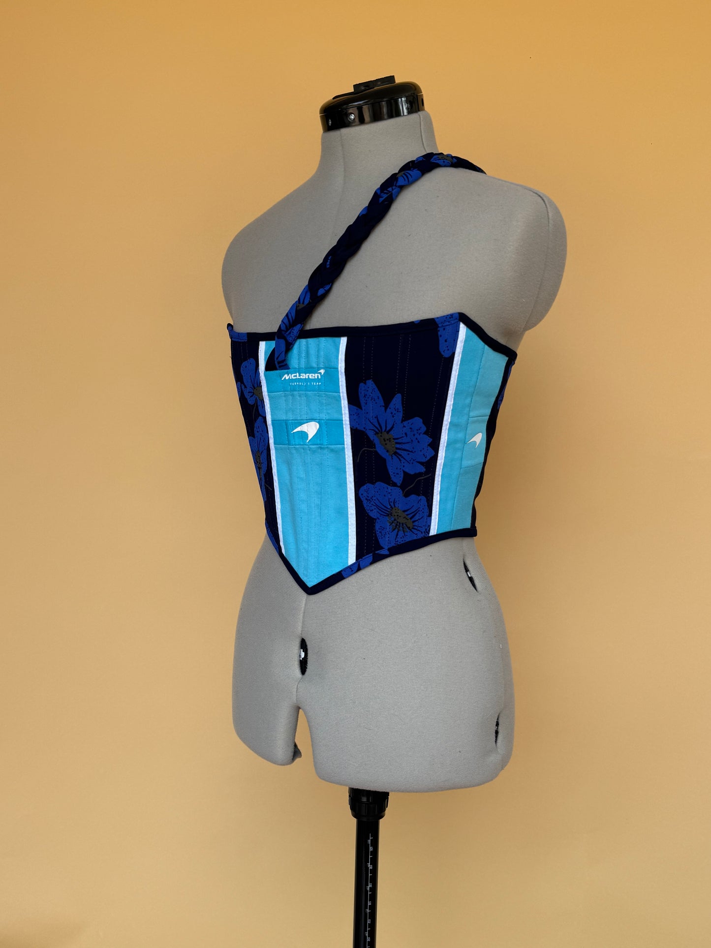 Reworked McLaren blue floral cropped back lacing corset -XS