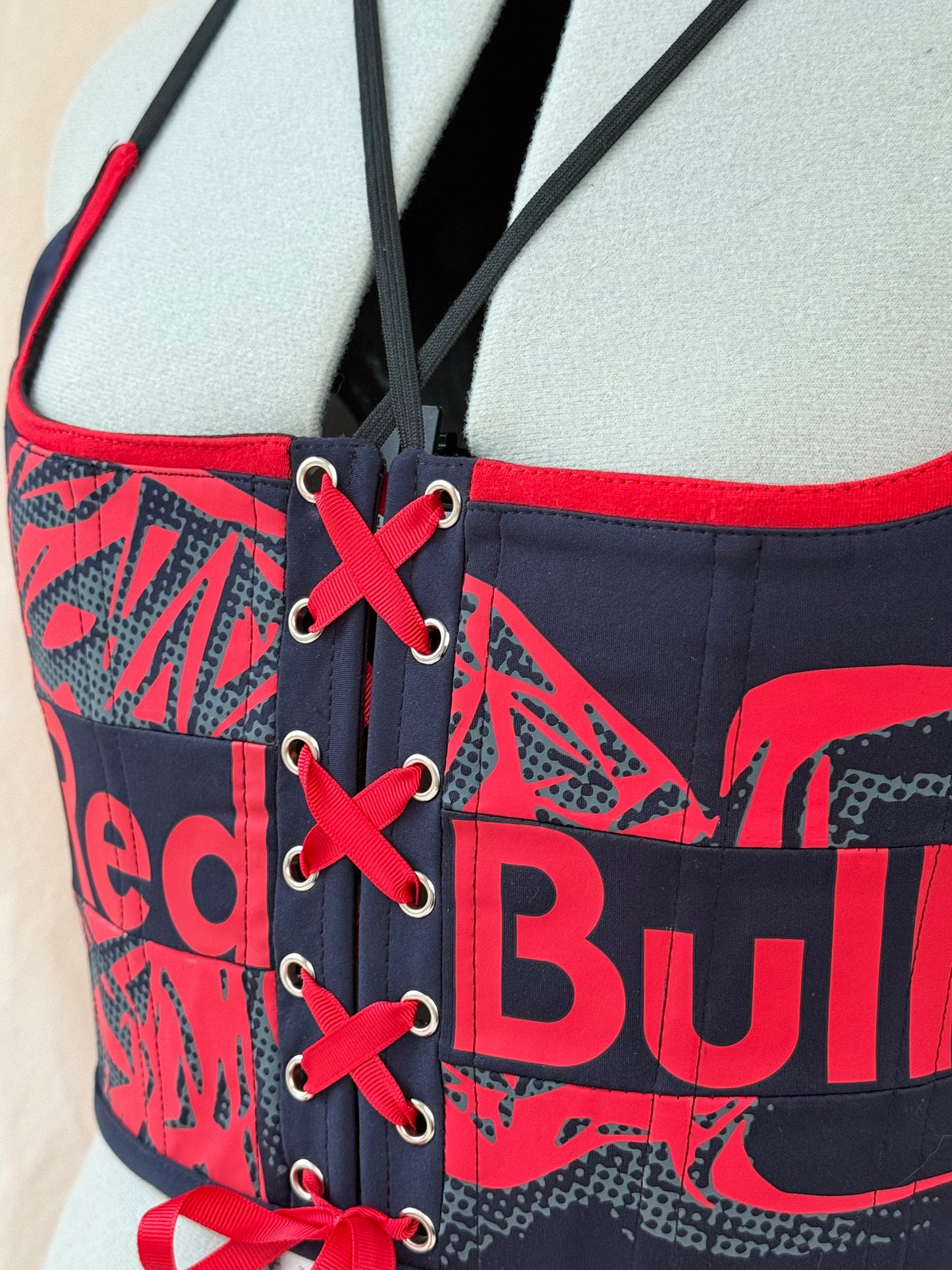 Reworked Red Bull cropped back and front lacing corset set - M