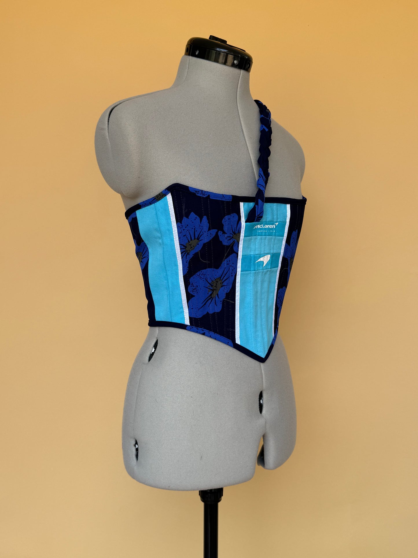 Reworked McLaren blue floral cropped back lacing corset -XS