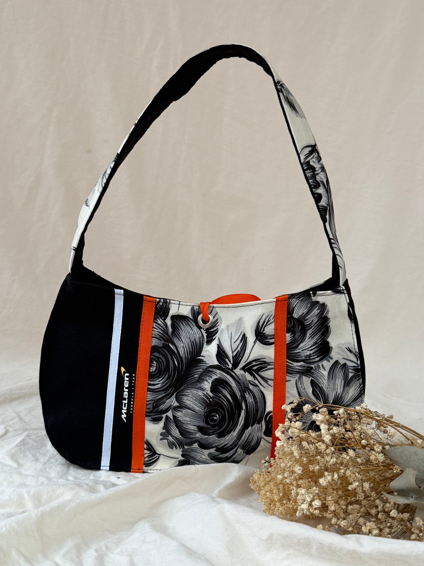Reworked McLaren Floral Corset in Black and White with Matching Shoulder Bag - M/L