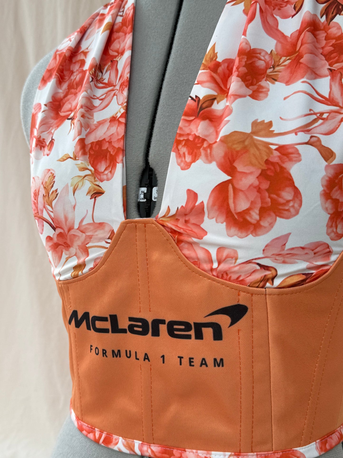 Reworked McLaren floral cropped corset with halter neck and matching bag - XS-S