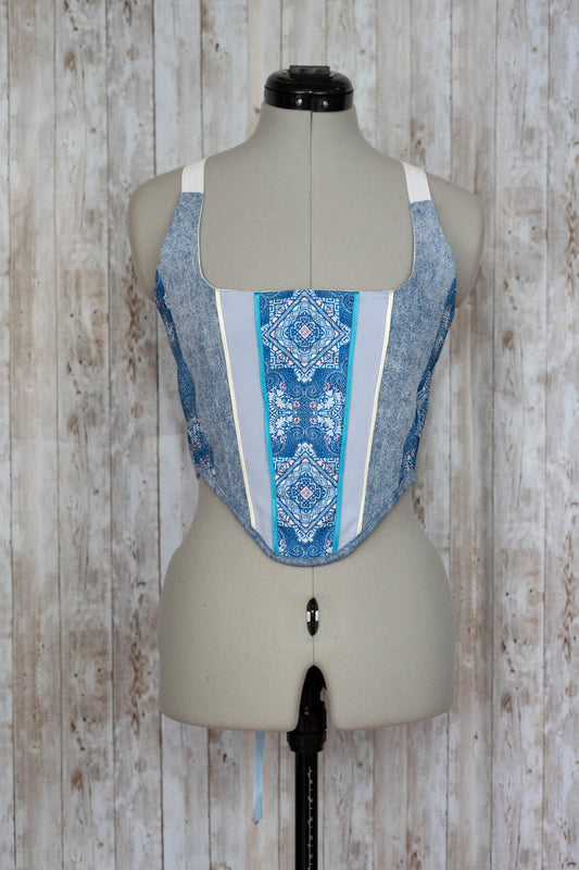 Reworked Denim and Paisley cropped back lacing corset - XS/S