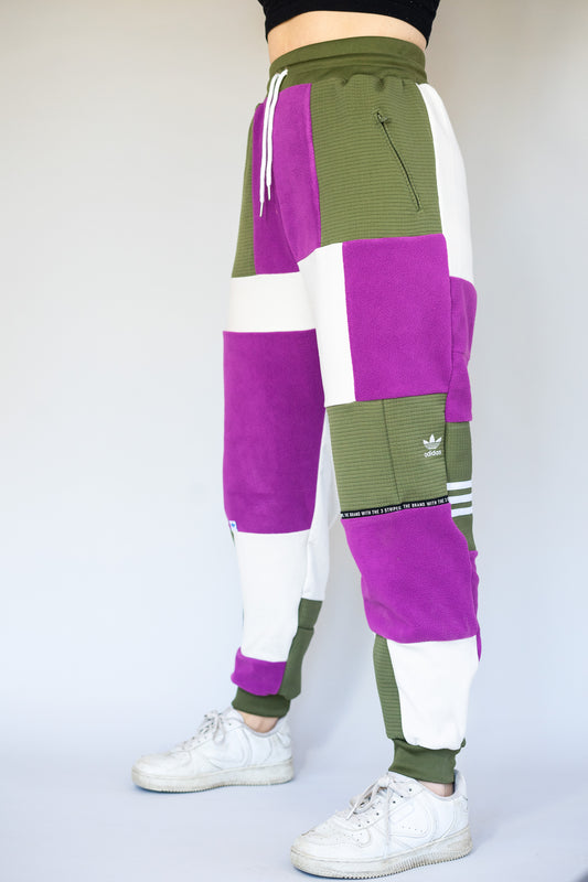 Reworked Adidas Green and Purple Joggers - S/M