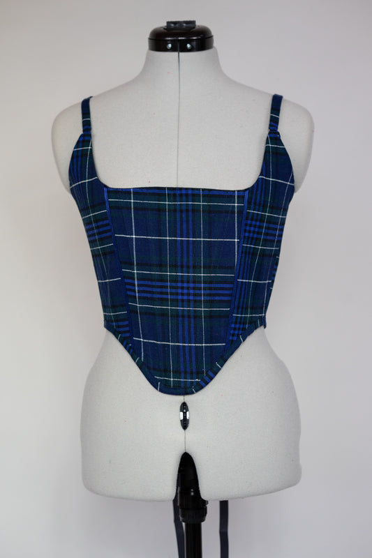 Reworked Blue Tartan cropped back lacing corset - XS/S