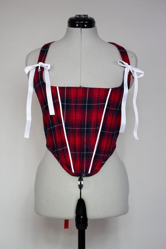 Reworked Red Tartan cropped back lacing corset - XS