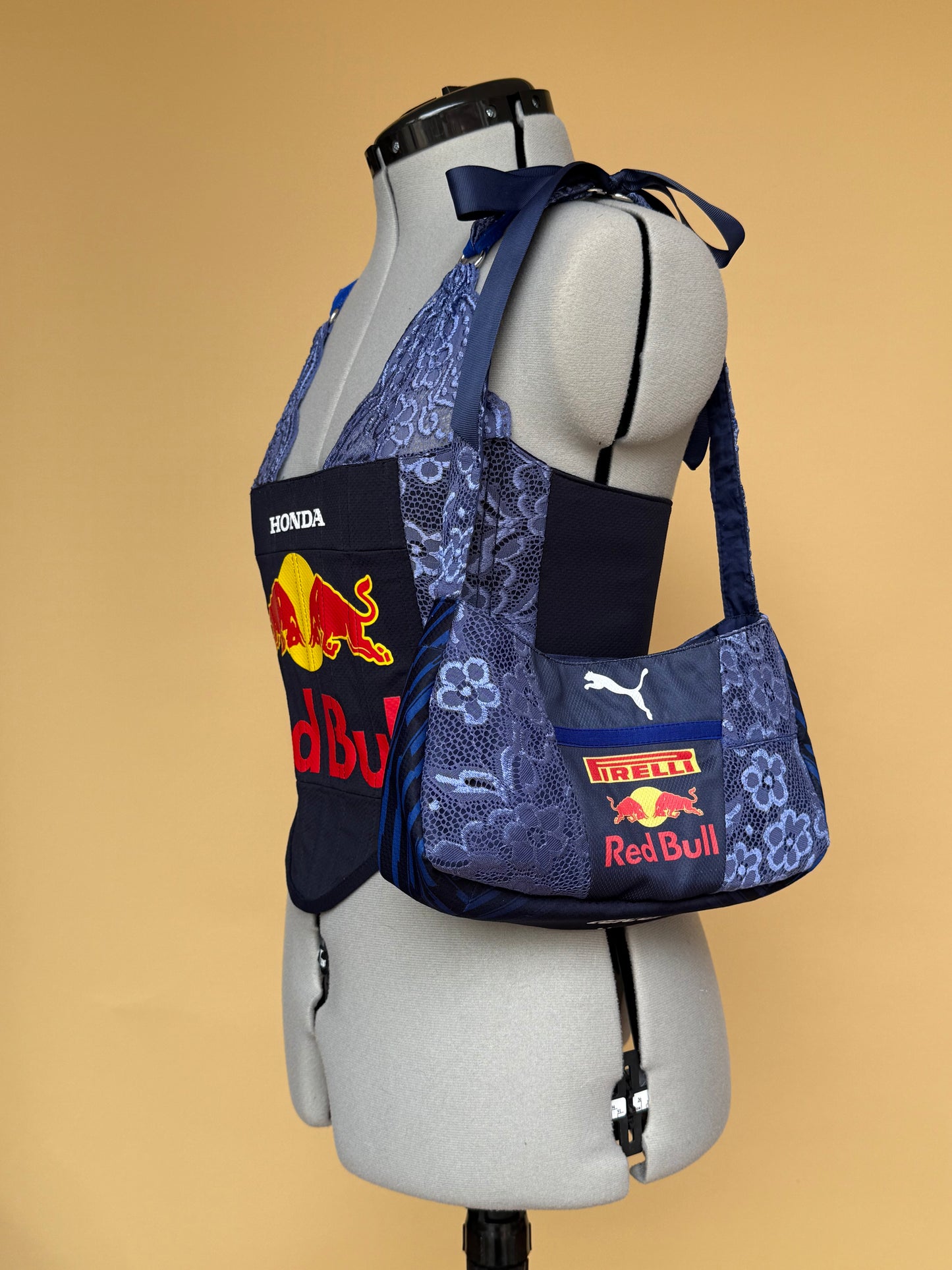 Reworked Redbull Lace Corset with Matching Shoulder Bag - S