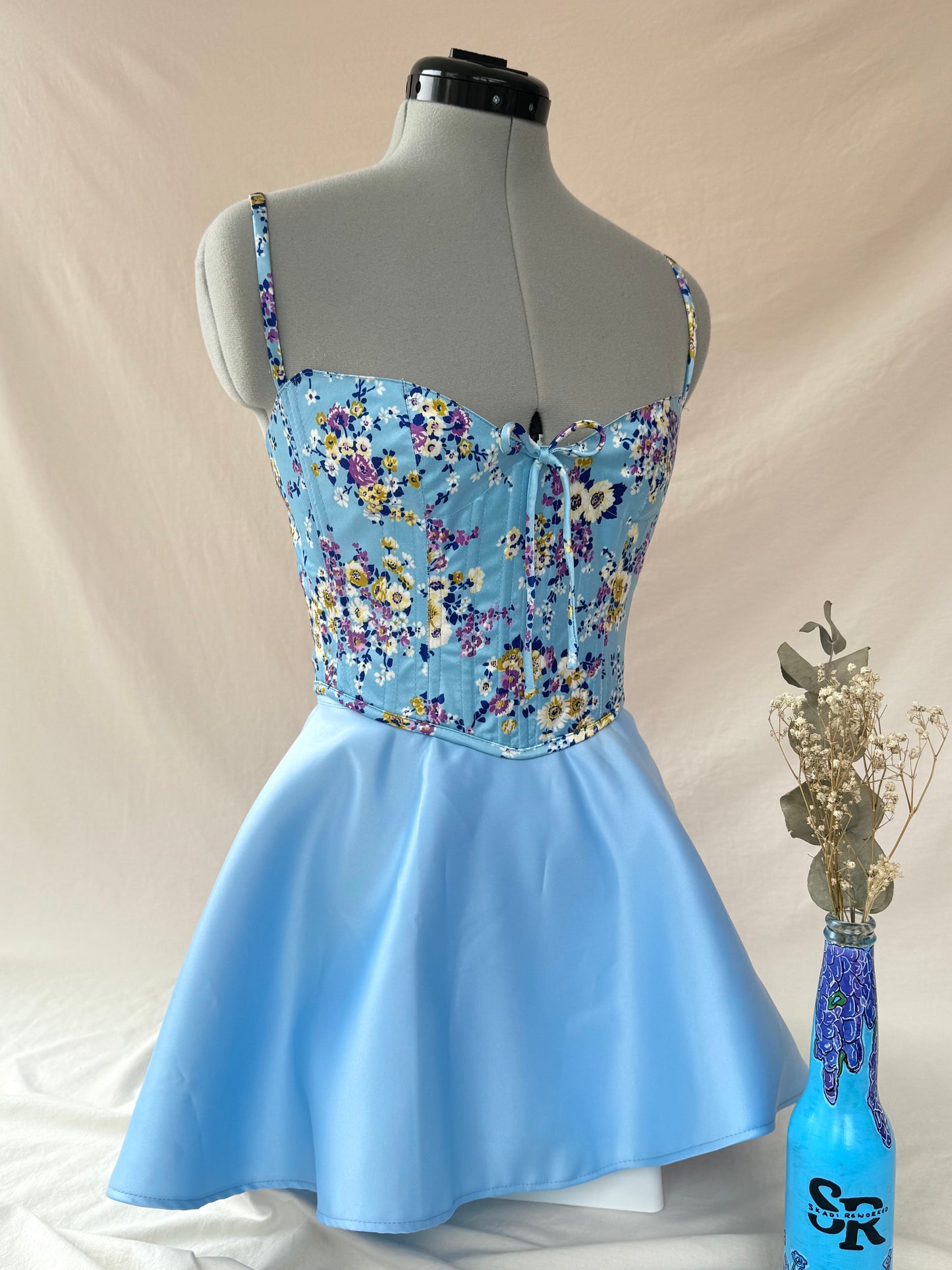 Reworked Blue Floral back lacing corset with Mini Ballerina wrap skirt - XS/S