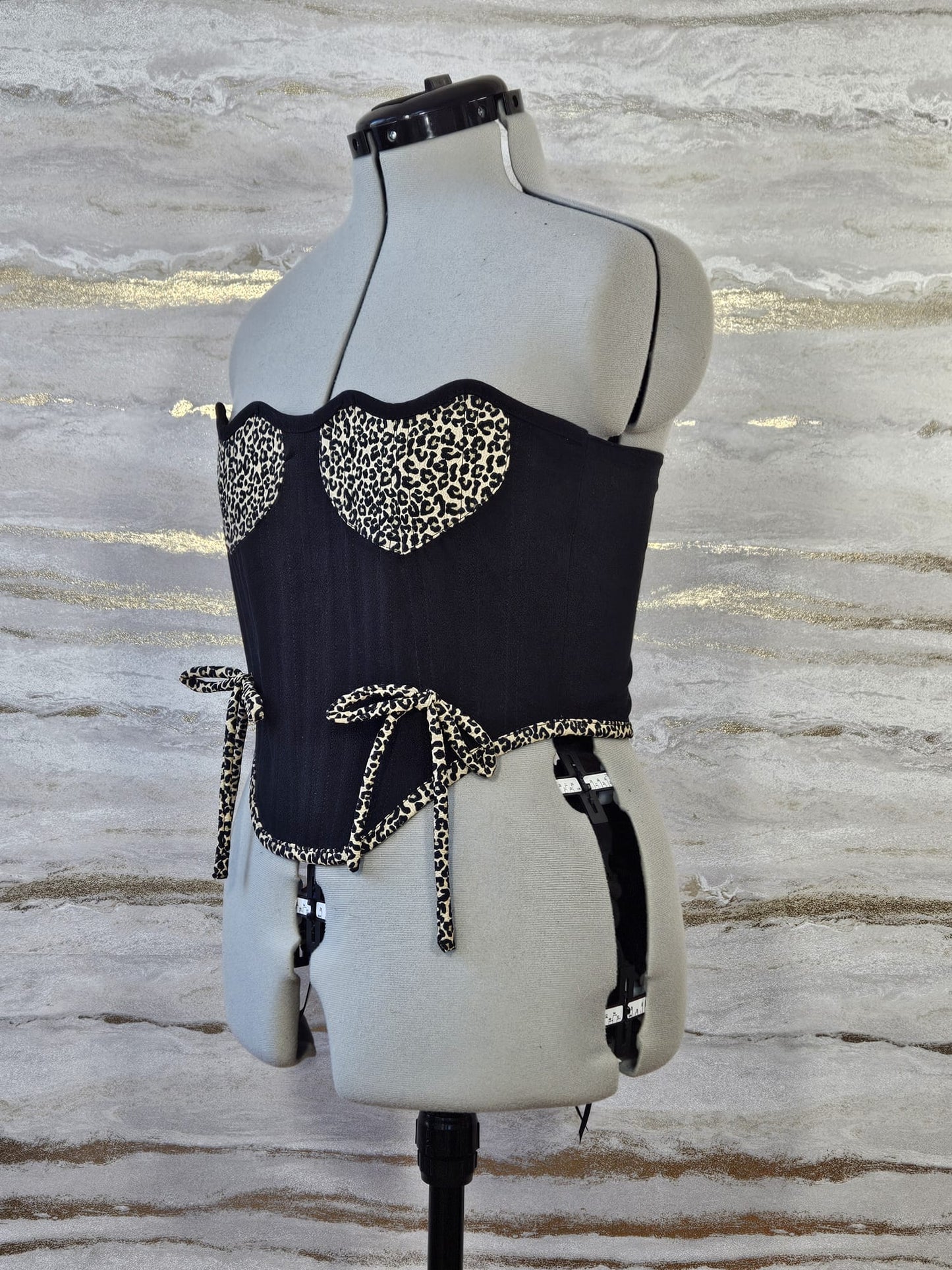 Reworked Black and leopard print hearts cropped back lacing corset -S-M