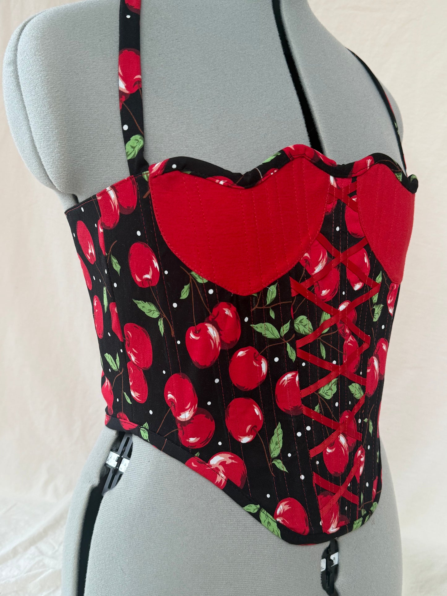 Reworked Cherry heart cropped back lacing corset - S