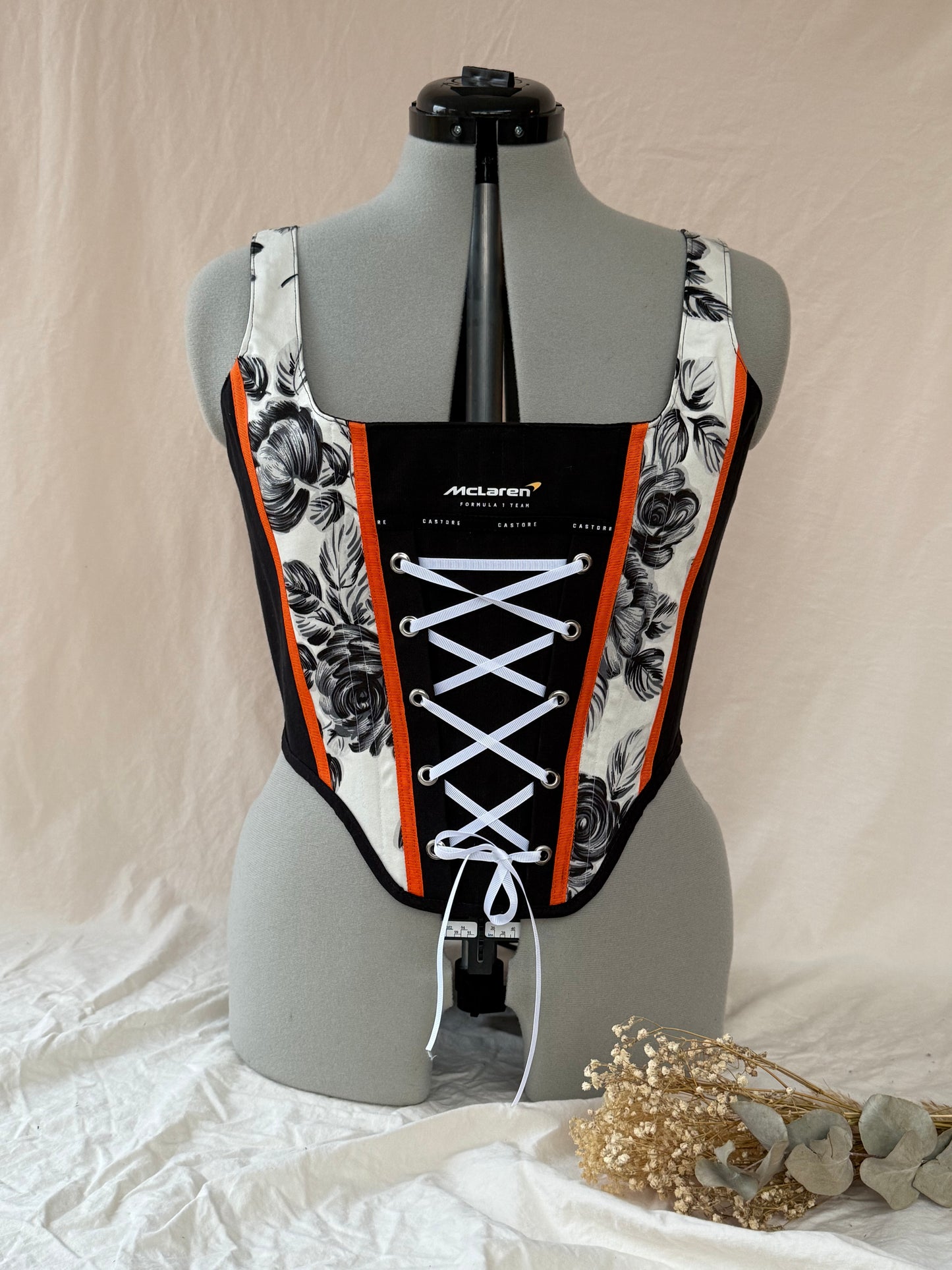Reworked McLaren Floral Corset in Black and White with Matching Shoulder Bag - M/L