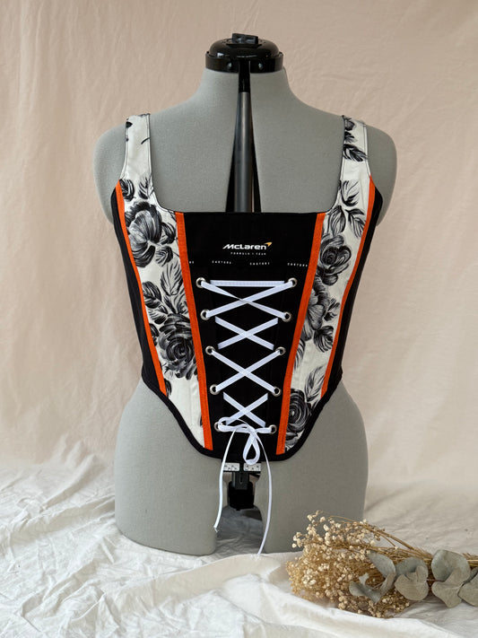 Reworked McLaren Floral Corset in Black and White with Matching Shoulder Bag - M/L