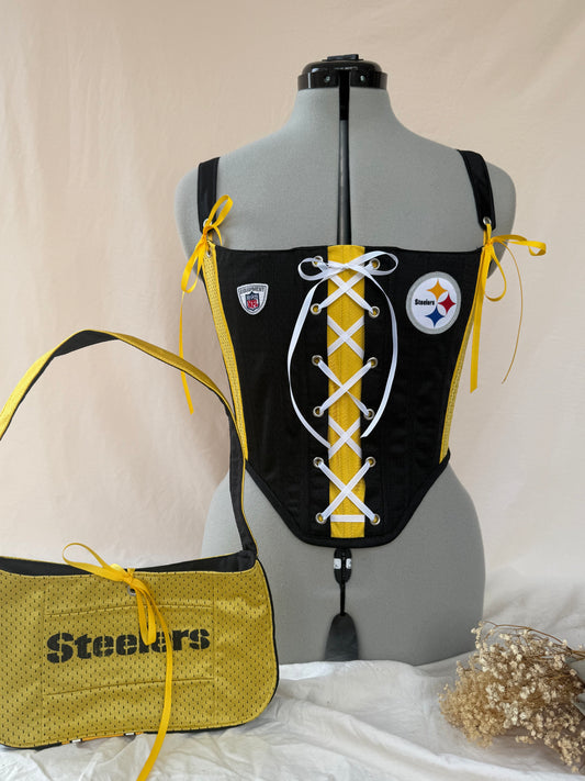 Reworked Pittsburgh Steelers cropped back lacing corset and matching Bag - S