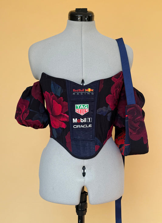 Reworked Redbull cropped back lacing corset with bag -XS