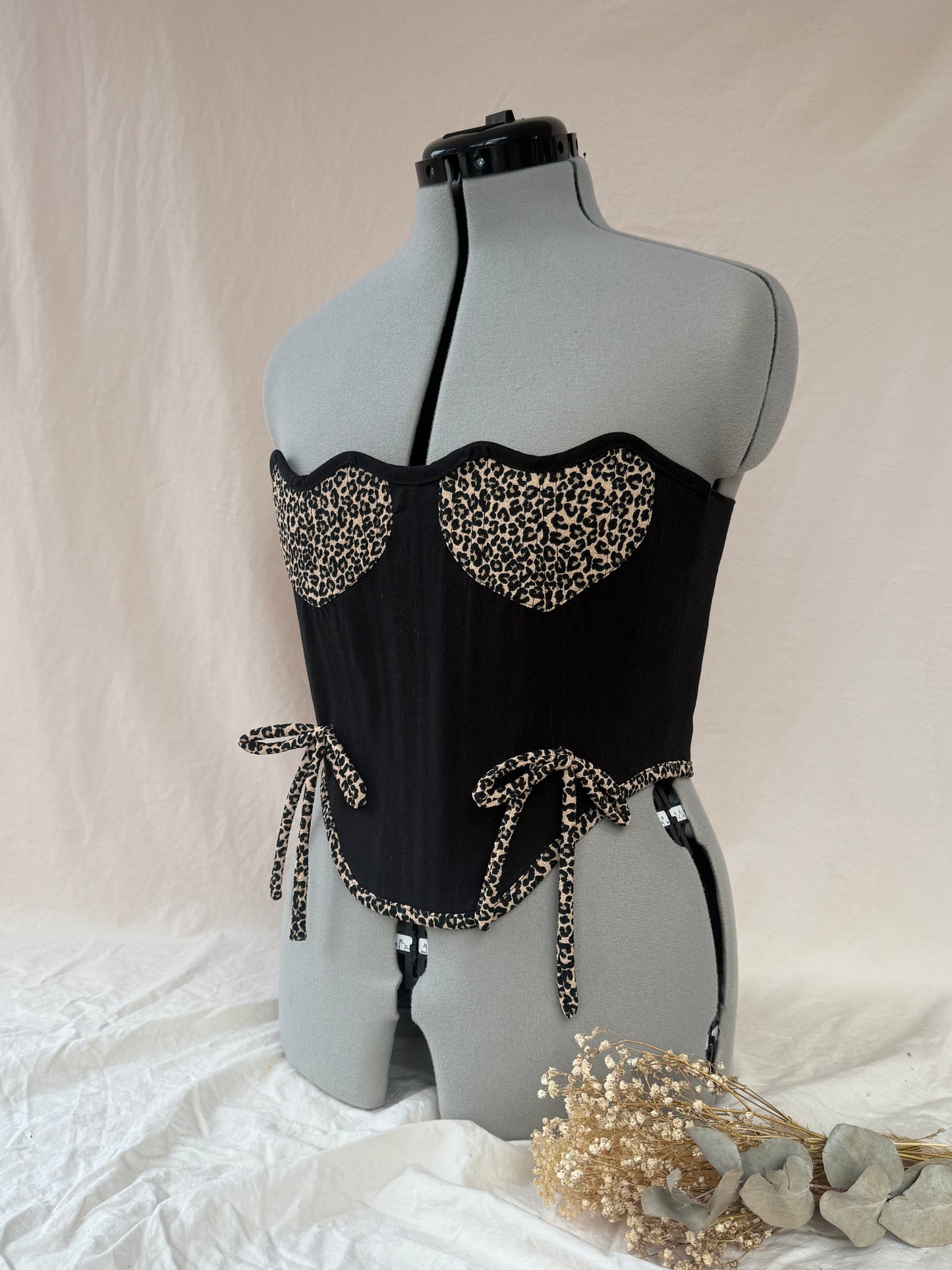 Reworked Black and leopard print hearts cropped back lacing corset -S-M