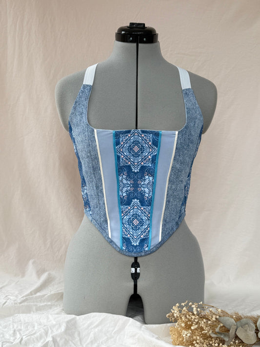 Reworked Denim and Paisley cropped back lacing corset - XS/S