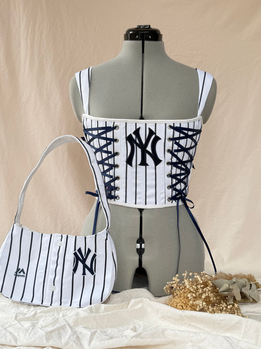 Reworked New York Yankees cropped back lacing corset with matching bag - XS/S