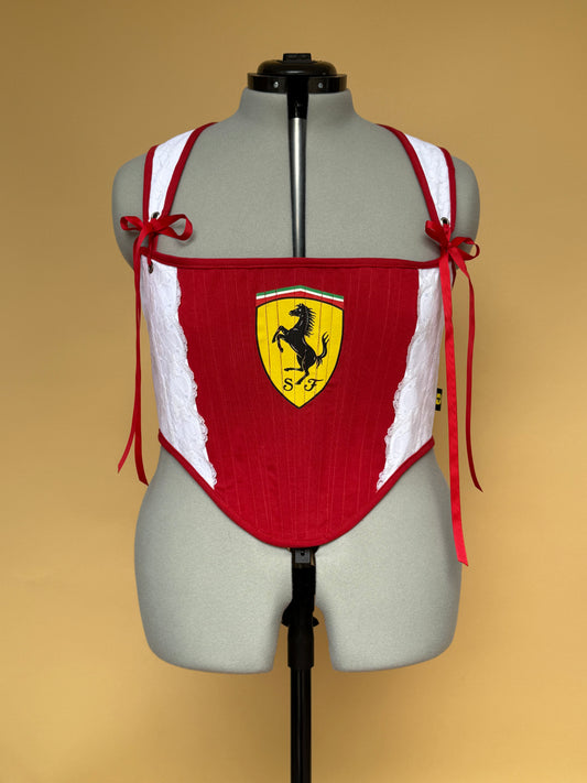 Reworked Ferrari white lace cropped back lacing corset - L