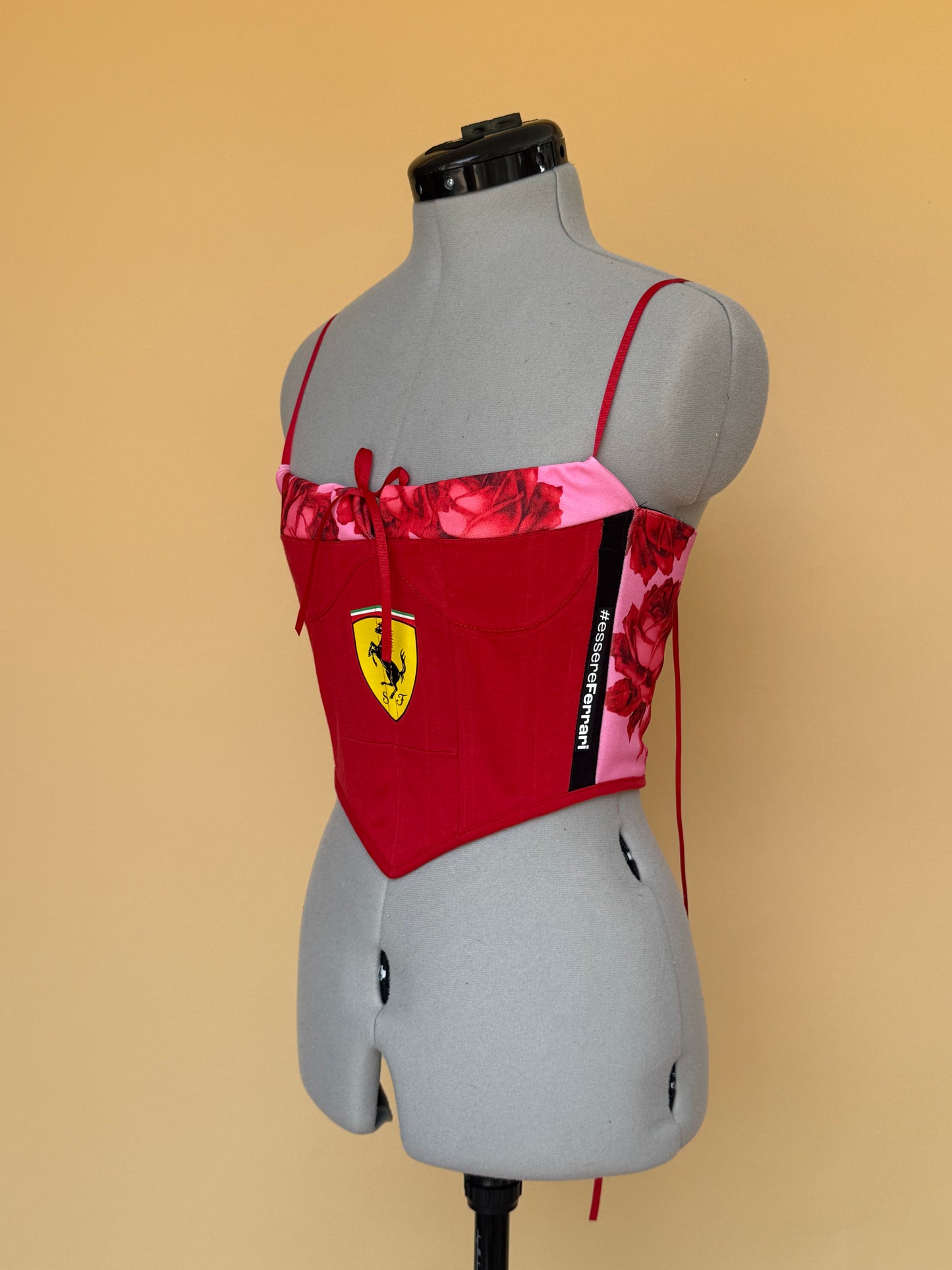 Reworked Ferrari floral ruched back lacing corset - XS