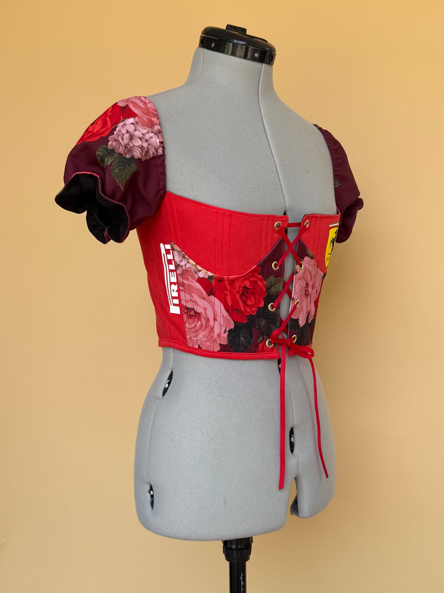 Reworked Ferrari floral front lacing corset with bag - XS