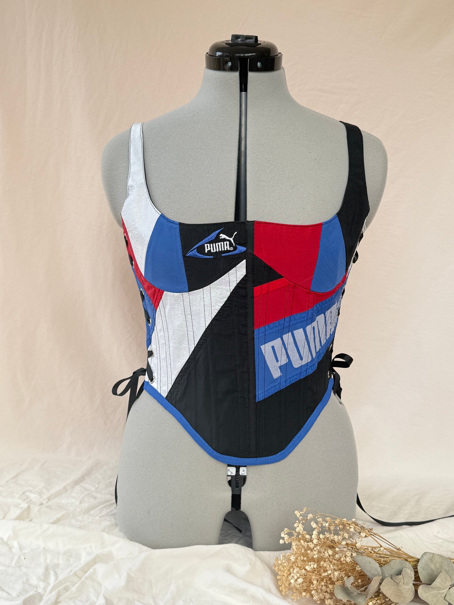 Reworked Red and Black cropped back lacing corset - S