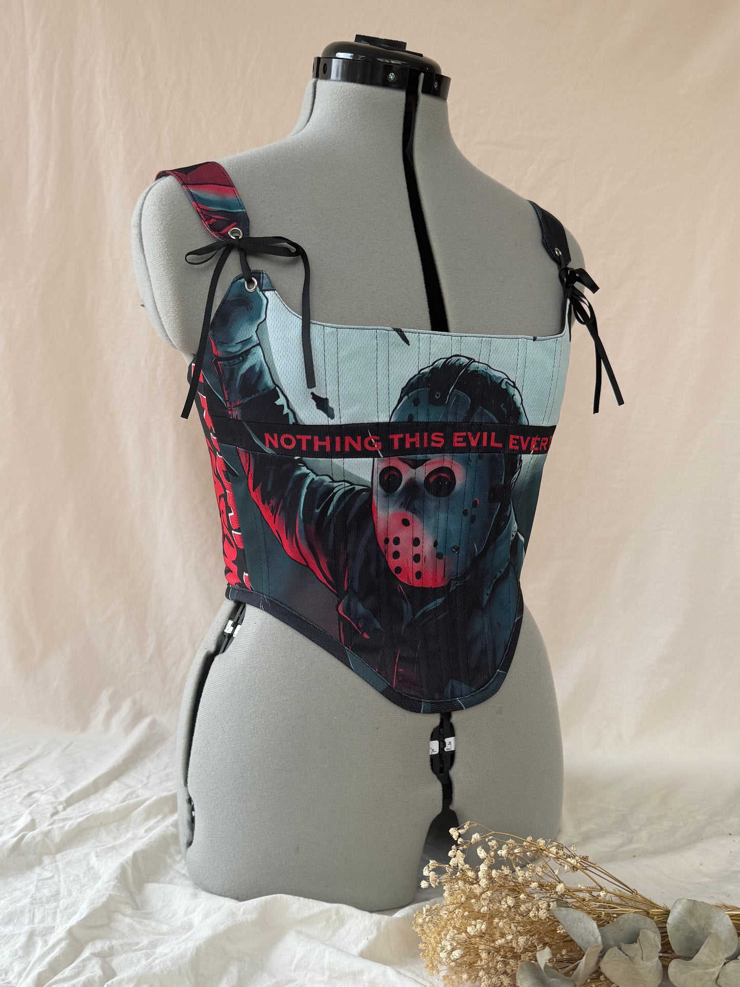 Reworked Jason/Friday the 13th cropped back lacing corset - S