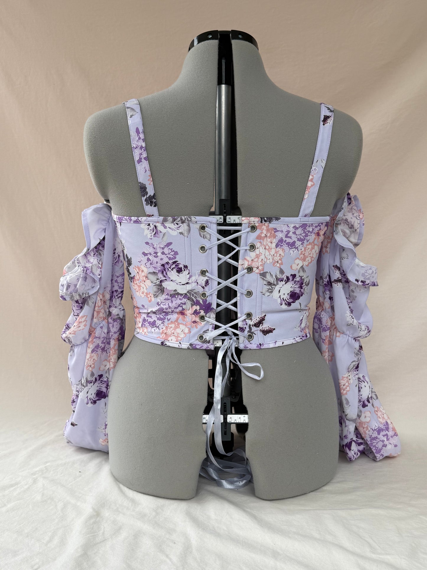 Reworked Purple Floral cropped back lacing corset - M