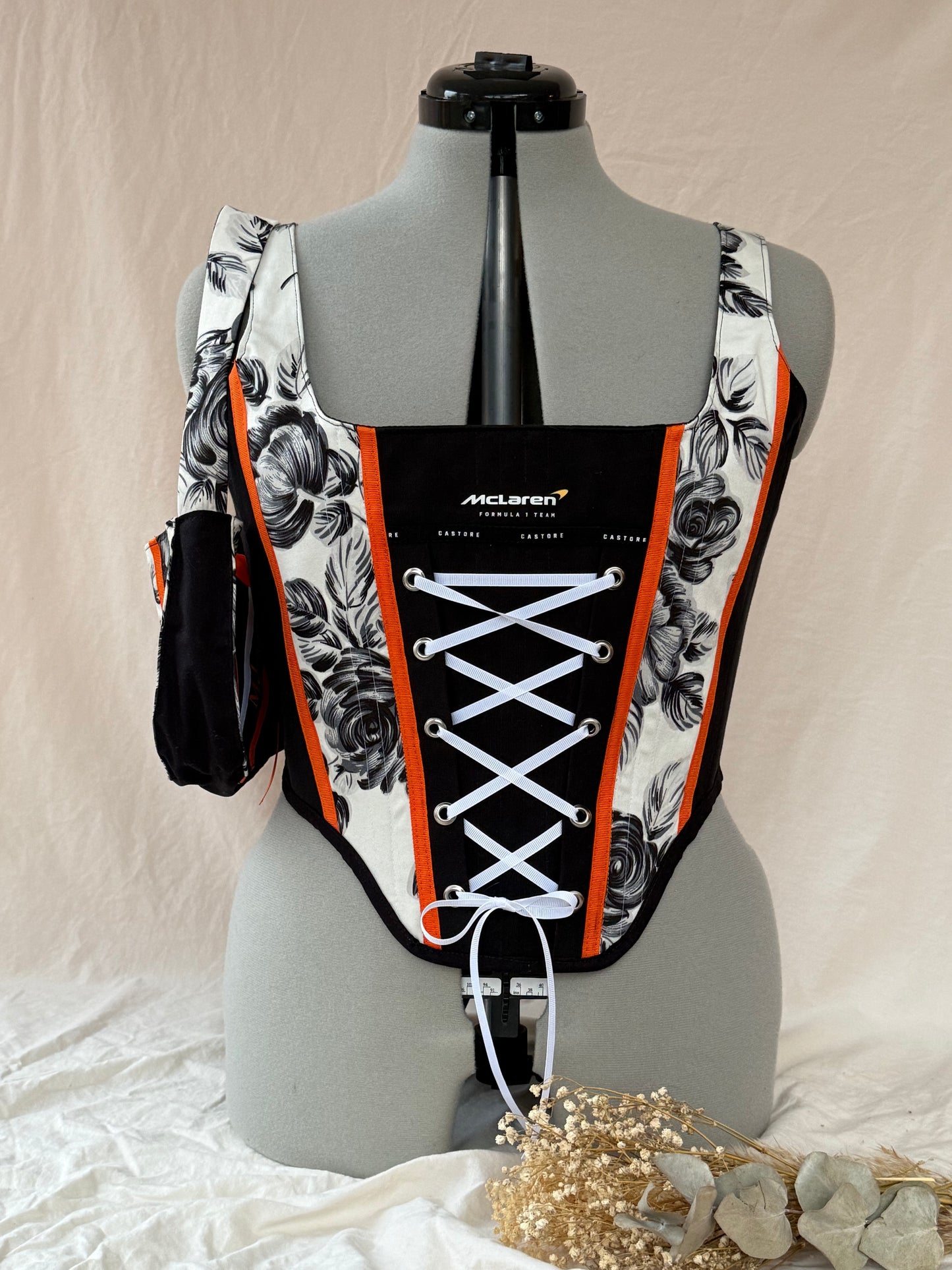 Reworked McLaren Floral Corset in Black and White with Matching Shoulder Bag - M/L
