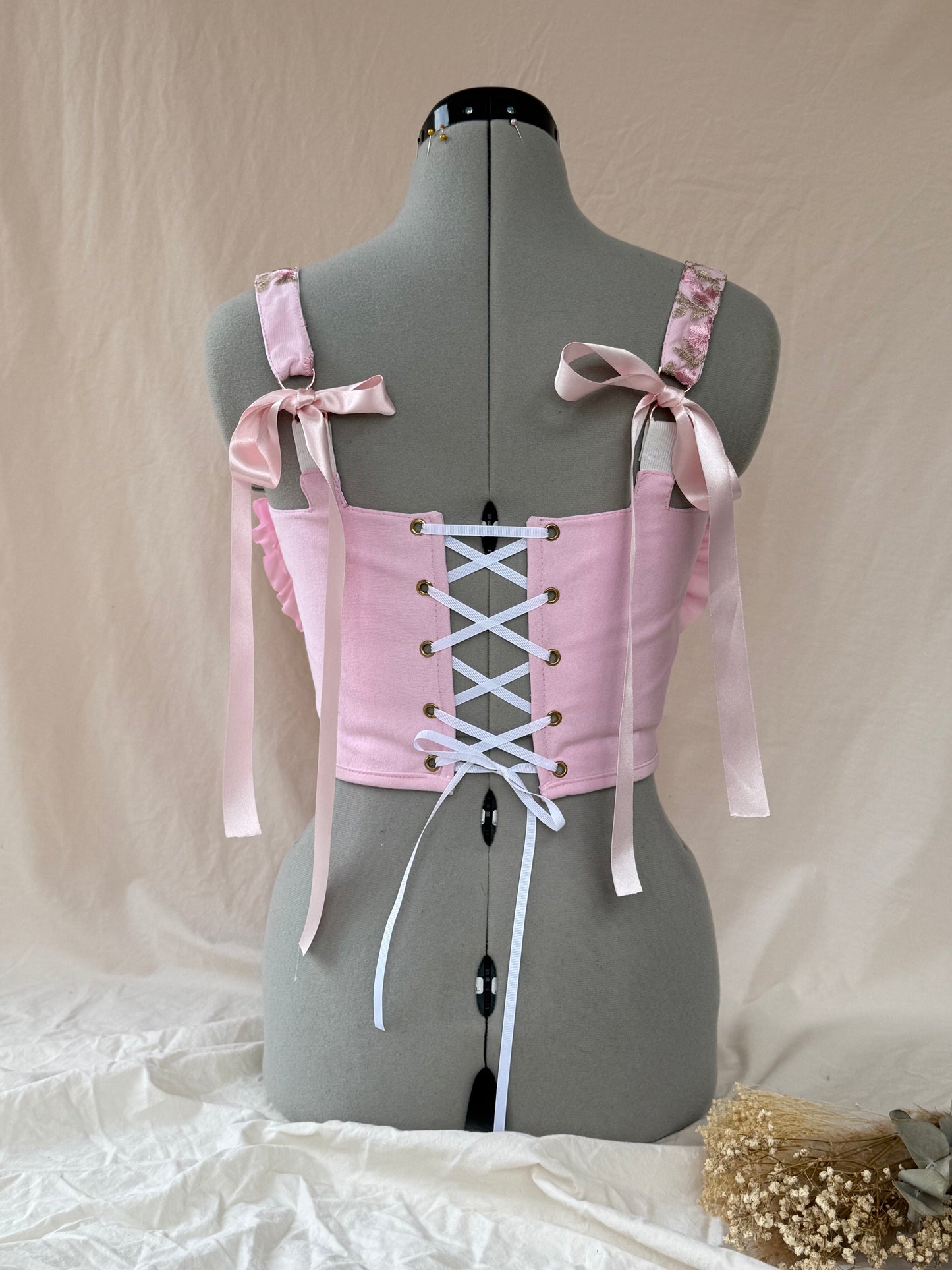 Reworked Delicate pink lace corset with frill - XS