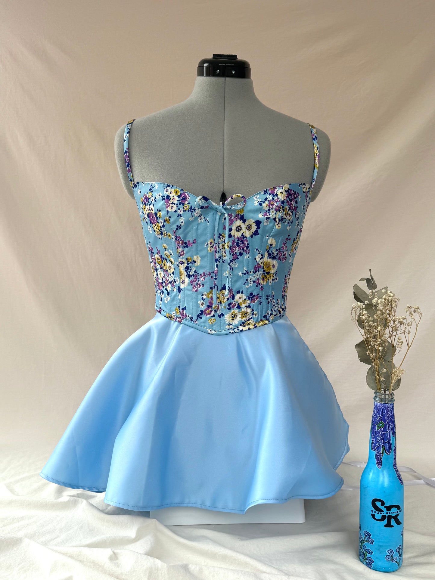 Reworked Blue Floral back lacing corset with Mini Ballerina wrap skirt - XS/S