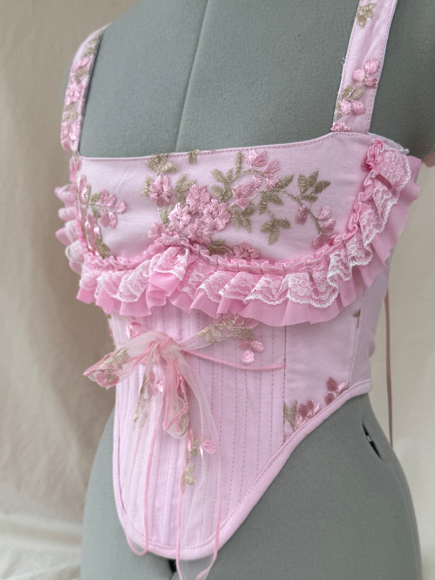 Reworked Delicate pink lace corset with frill - XS