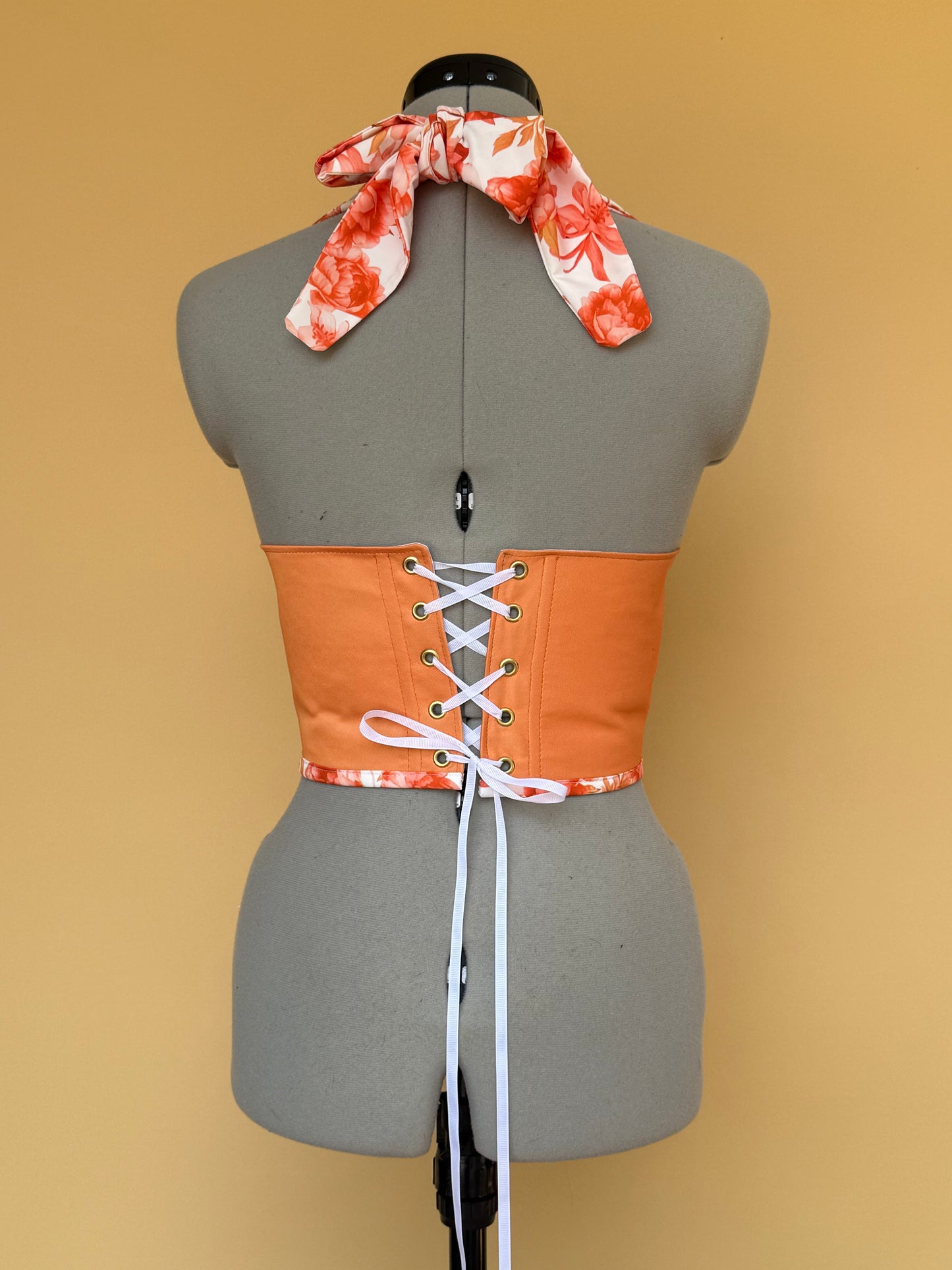 Reworked McLaren floral cropped corset with halter neck and matching bag - XS-S