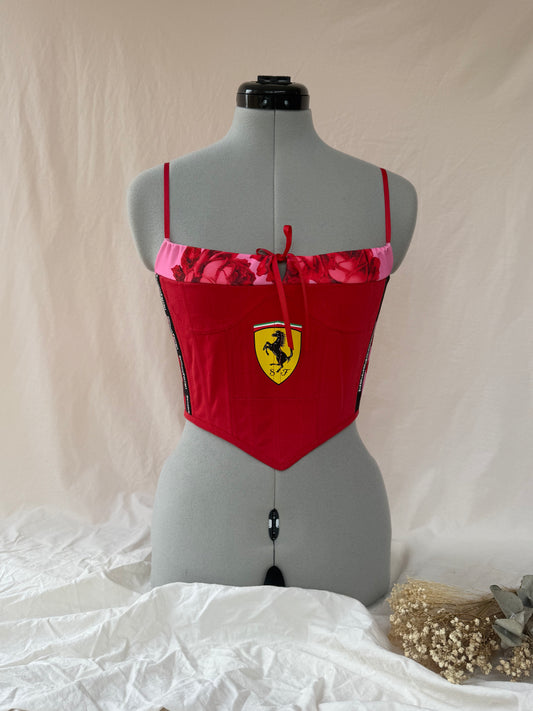 Reworked Ferrari floral ruched back lacing corset - XS