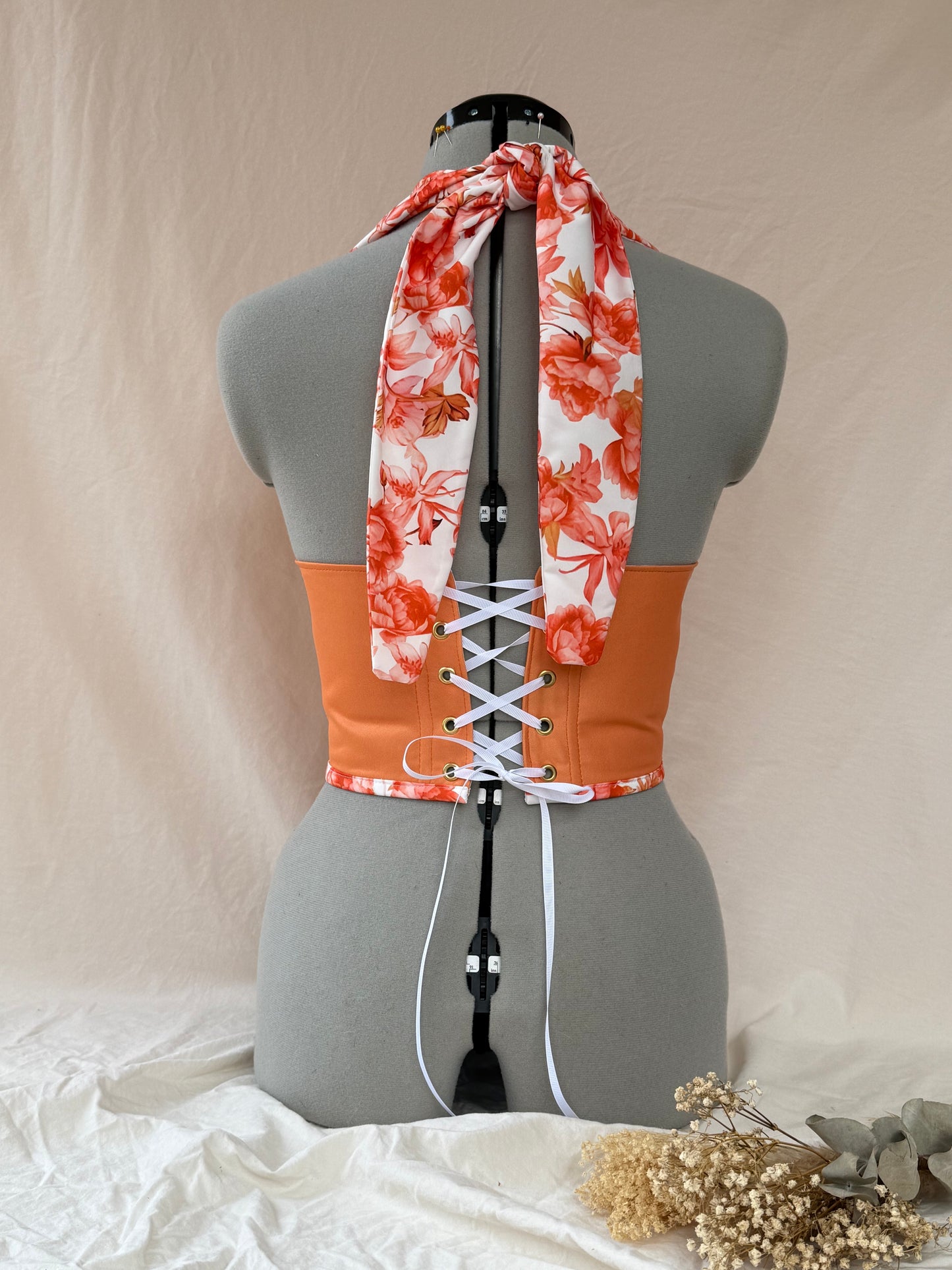 Reworked McLaren floral cropped corset with halter neck and matching bag - XS-S