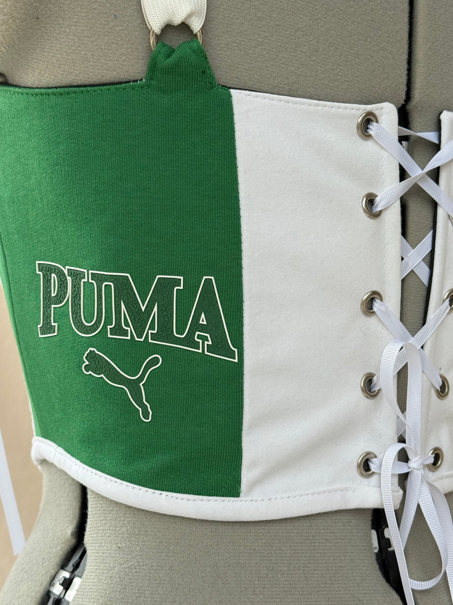 Reworked Green and White Puma cropped back lacing corset - XS/S