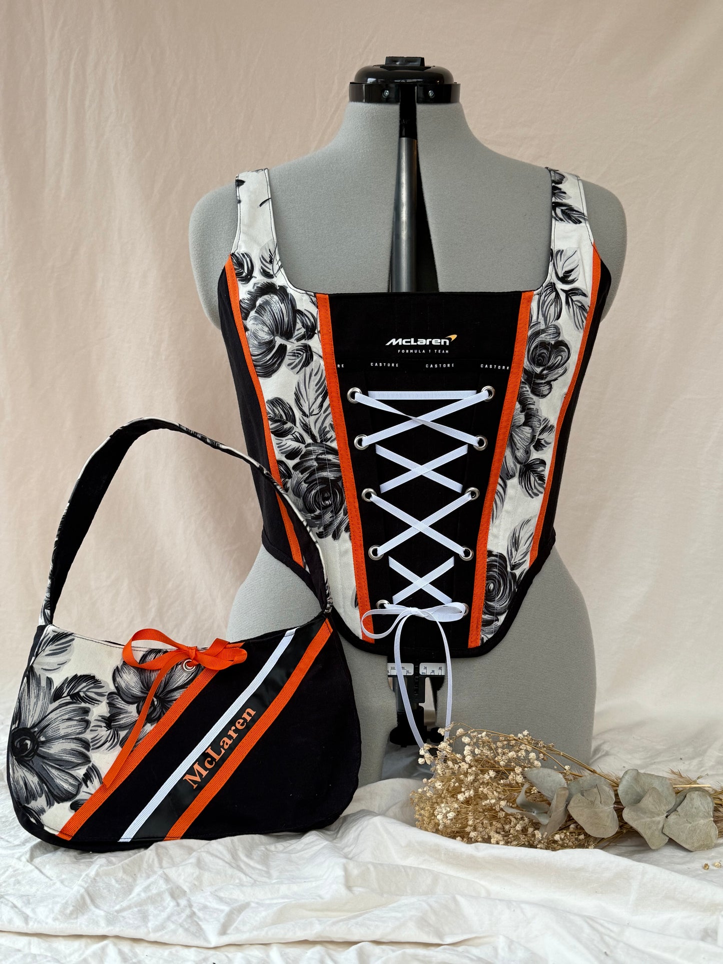 Reworked McLaren Floral Corset in Black and White with Matching Shoulder Bag - M/L