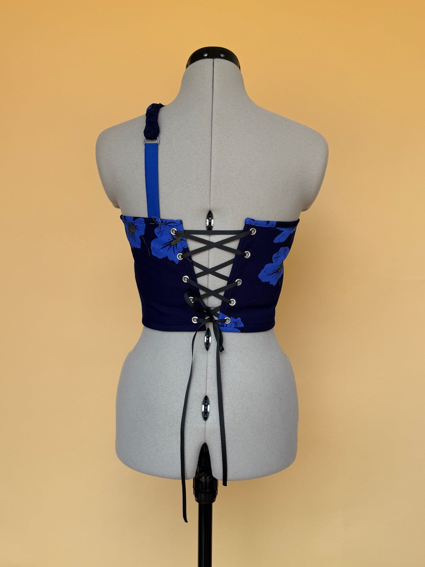 Reworked McLaren blue floral cropped back lacing corset -XS