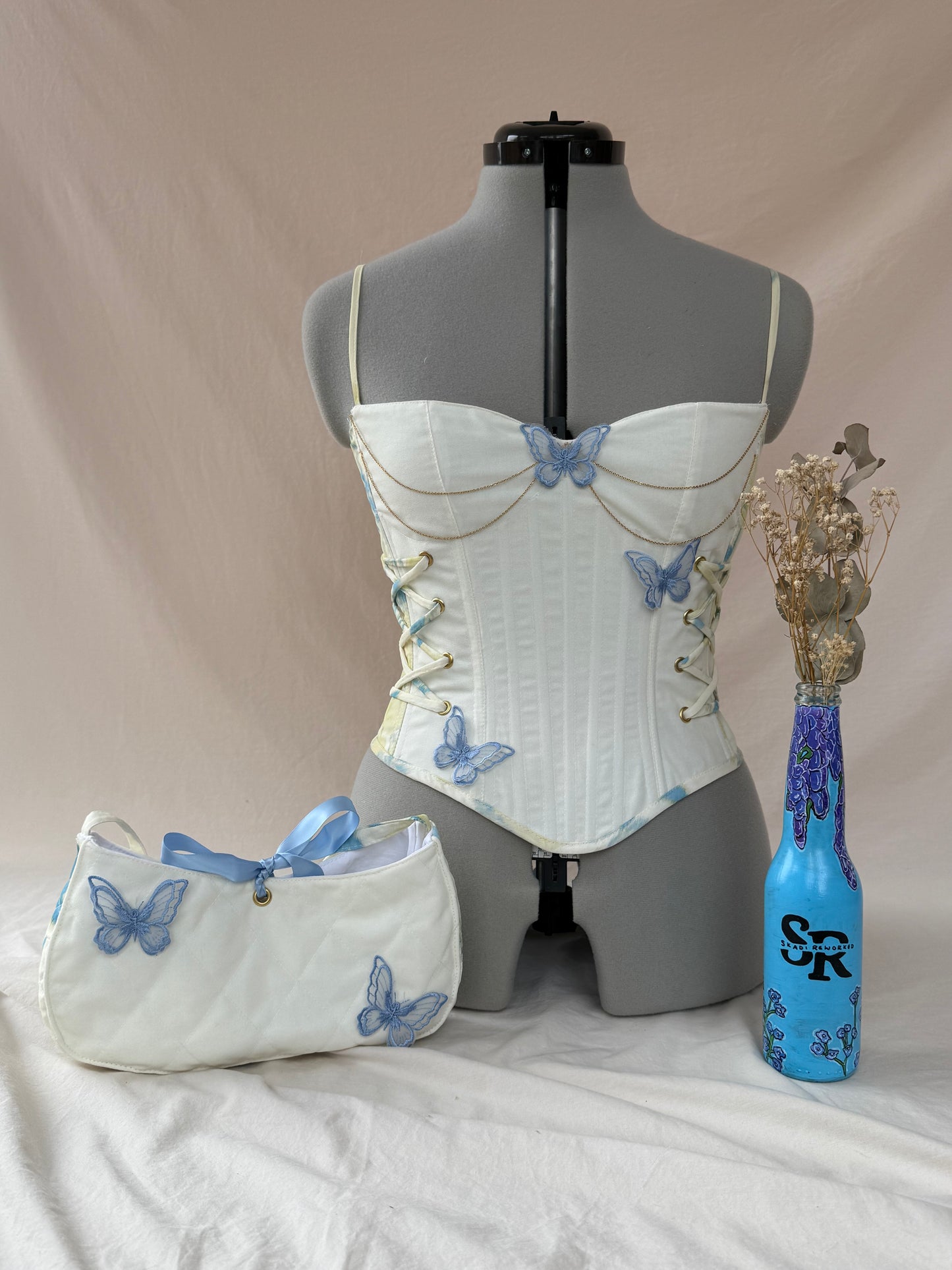 Reworked Yellow Butterfly back lacing corset with additional bag -S