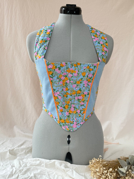 Reworked blue orange and denim floral cropped back lacing corset - XS
