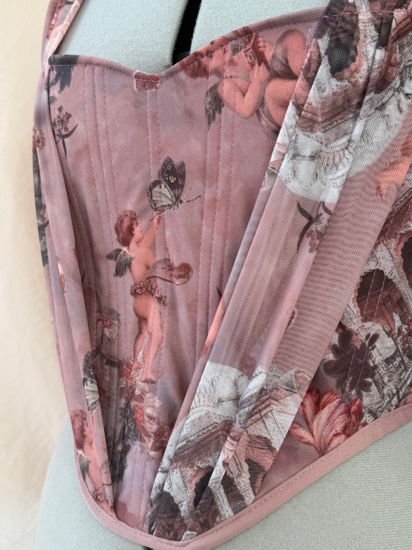 Reworked pink Enchanting Cherub cropped back lacing corset - S