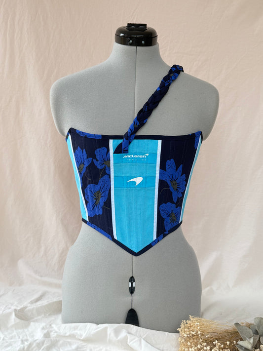 Reworked McLaren blue floral cropped back lacing corset -XS