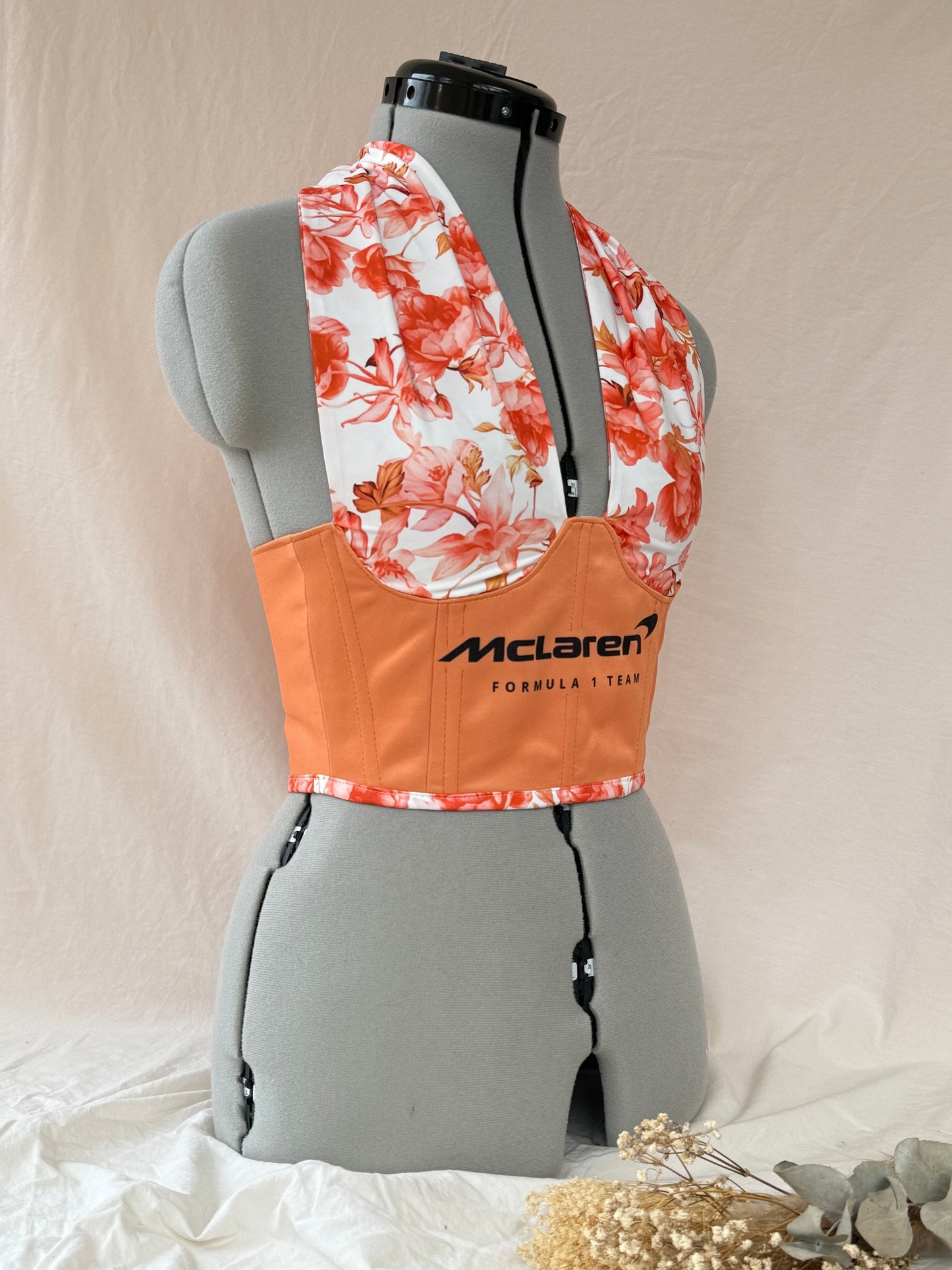 Reworked McLaren floral cropped corset with halter neck and matching bag - XS-S
