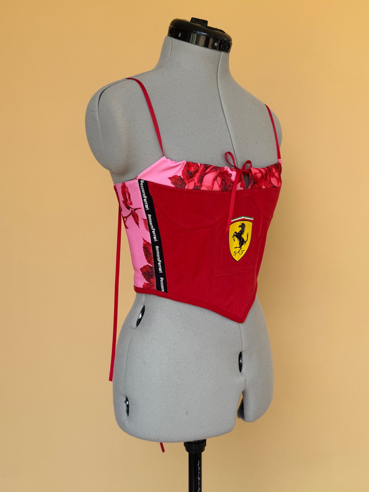 Reworked Ferrari floral ruched back lacing corset - XS