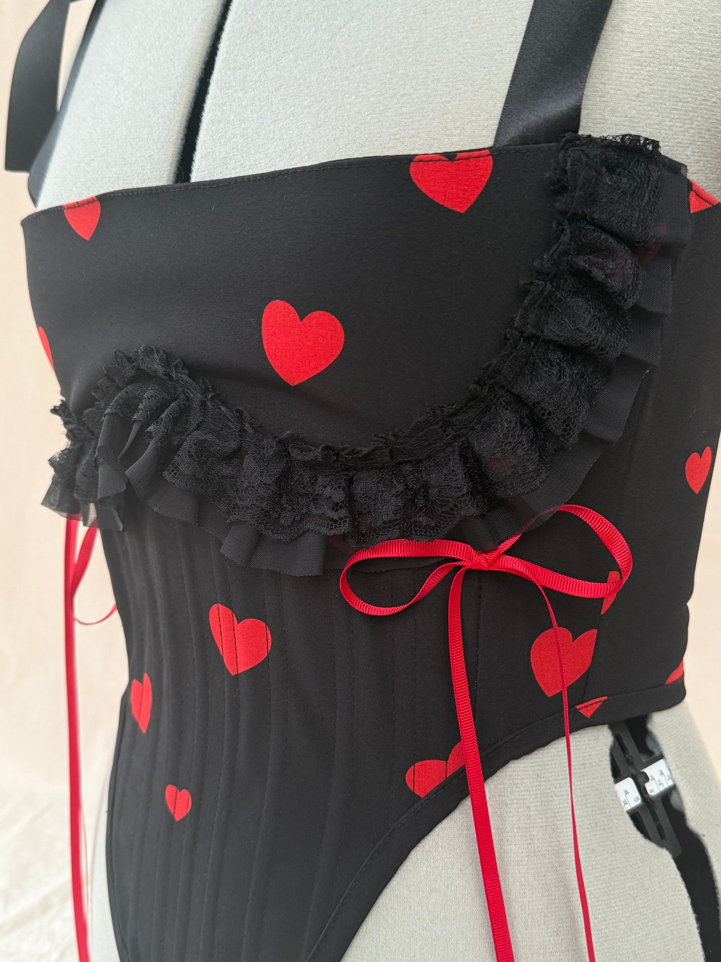 Reworked Delicate black heart corset with frill - S