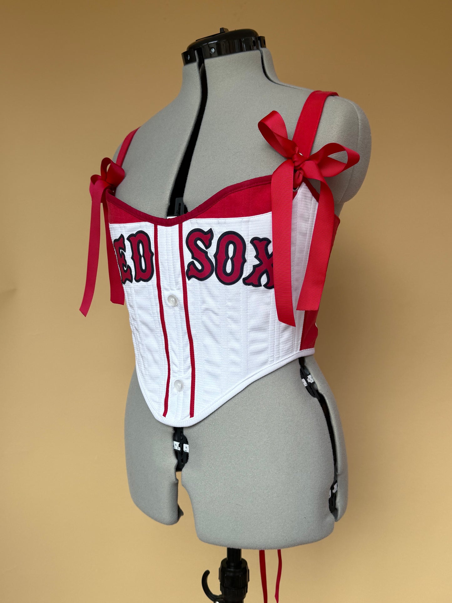 Reworked Boston Red Sox cropped back lacing corset with matching bag - S