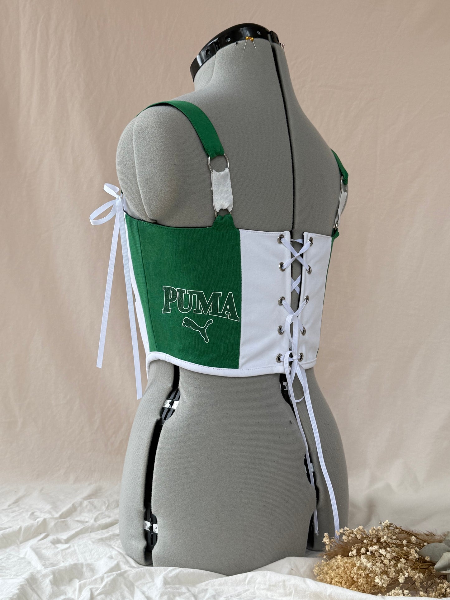 Reworked Green and White Puma cropped back lacing corset - XS/S