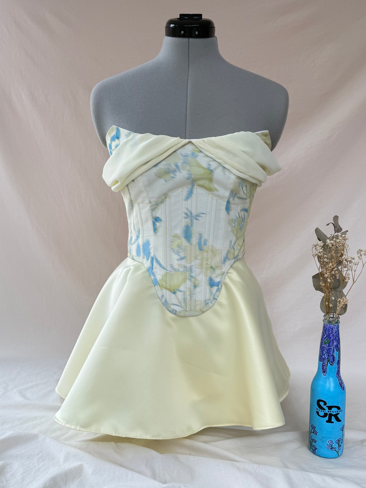 Reworked Lemon Floral back lacing corset with Mini Ballerina wrap skirt - XS